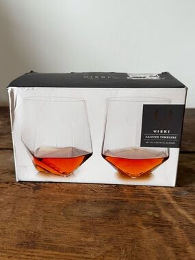 NEW Viski Seneca Faceted Crystal Tumblers - Set of 2 - Lowball Cocktail Glasses